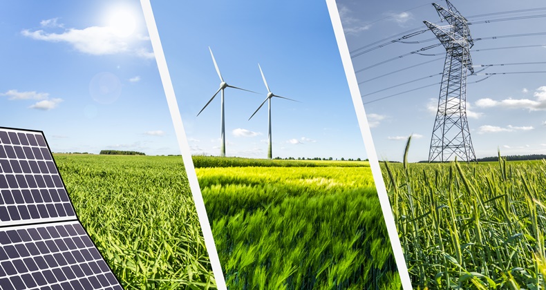 Renewable energies concept collage with solar panel, wind mills and electrical energy