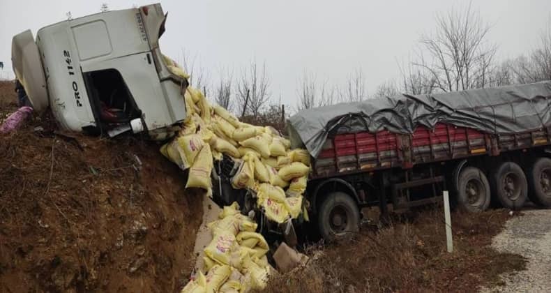 Yem yüklü tır yoldan çıktı 2 yaralı