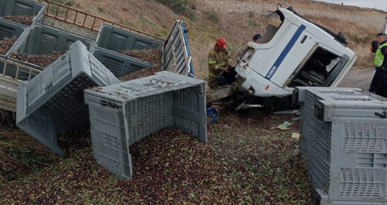 Bandırma-Erdek Yolunda zeytin yüklü kamyonet uçuruma yuvarlandı