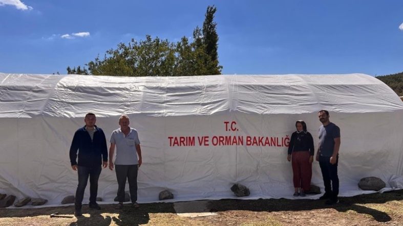 Sındırgı'da depremden etkilenen üreticilere geçici hayvan barınma çadırı desteği