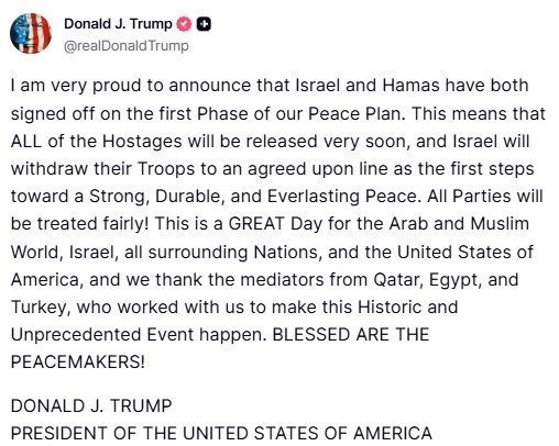 ABD Başkanı Trump: "İsrail ve Hamas Barış Planımızın ilk aşamasını onayladı"