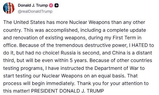 ABD Başkanı Trump’tan Çin Devlet Başkanı Xi görüşmesi öncesinde ABD Savunma Bakanlığı’na nükleer silah denemesi talimatı