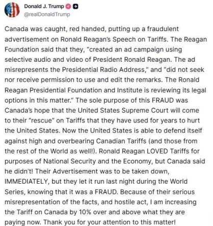 ABD Başkanı Trump’tan Kanada’ya aldatıcı reklam misillemesi: "Kanada’ya uygulanan gümrük vergisi oranını yüzde 10 oranında artırıyorum"