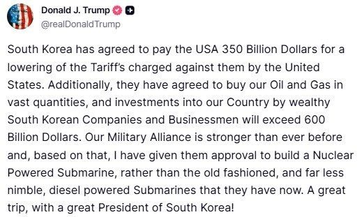 Trump: "Güney Kore ABD’ye toplam 950 milyar dolarlık yatırım yapacak"