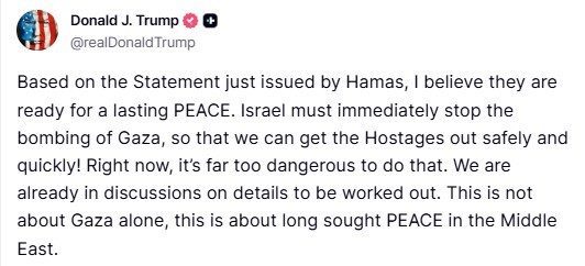 Trump, Hamas’ın ateşkes planını kısmen kabul etmesini değerlendirdi: "Açıklamalarına bakılırsa, kalıcı bir barışa hazır olduklarına inanıyorum"