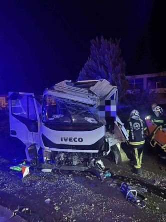 Yağışta yoldan çıkan kamyonet sürücüsü yaralandı