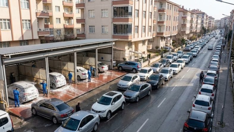 Balıkesir’de Pazar Günü Oto Yıkama Yoğunluğu Araç Kuyrukları Sokaklara Taştı
