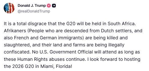 ABD Başkanı Trump’tan G20 Zirvesi tepkisi: "Güney Afrika’da yapılacak olması tam bir rezalet"