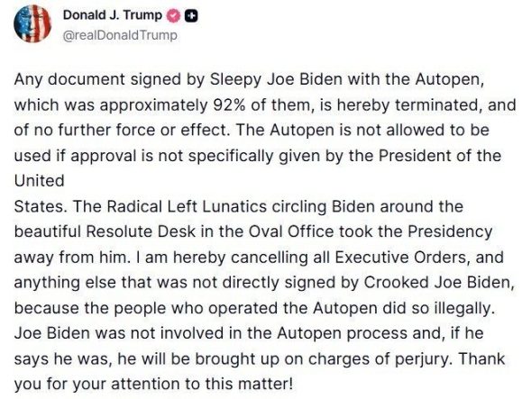 Trump, Selefi Biden’ın kendisi tarafından imzalanmadığını öne sürdüğü tüm başkanlık kararnamelerini iptal etti