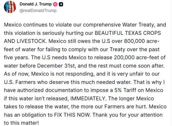 ABD Başkanı Trump’tan Meksika’ya su anlaşması uyarısı: "Yeterli su serbest bırakılmazsa, yüzde 5 gümrük vergisi uygulanacak"